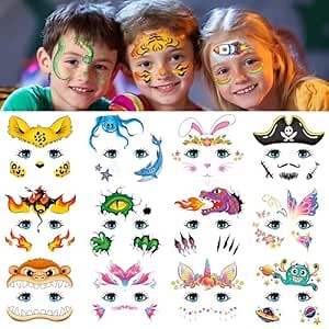 EMOME Face Tattoos for Kids - 24 Sheets Party Pack, Face Paint Tattoos Makeup for Boys and Girls Birthday Party Supplies Games, Face Tattoo Stickers for Kids Carnival Party Favors