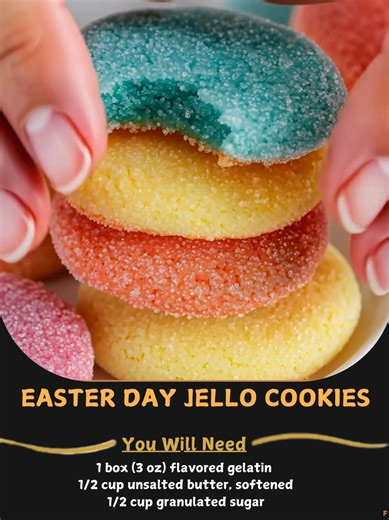 Easter 🏖 Day Jello Cookies Ingredients: 1 box (3 oz) flavored gelatin (such as strawberry, lemon, or lime for Easter colors) 1/2 cup unsalted butter, softened 1/2 cup granulated sugar ..... Full Recipe in Coʍmеոτ 💬 🐘 | Grandma's Easy Recipes