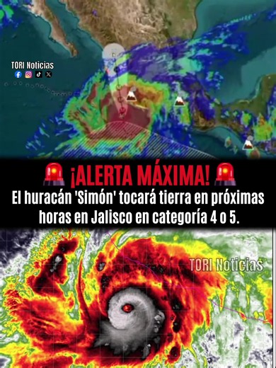 ÚLTIMA HORA 🚨¡URGENTE! 🌀🌧️🌪️ El huracán #Simon ya es categoría 4 y de acuerdo al Centro Nacional de Huracanes de Estados Unidos y CONAGUA tienen la proyección de que toque tierra entre Jalisco y Colima impactando como un poderoso huracán de categoría 4 o 5 con vientos totalmente destructivos en próximas horas. ¡Se pide a la población de las costas extremar precauciones! 🙏🏻