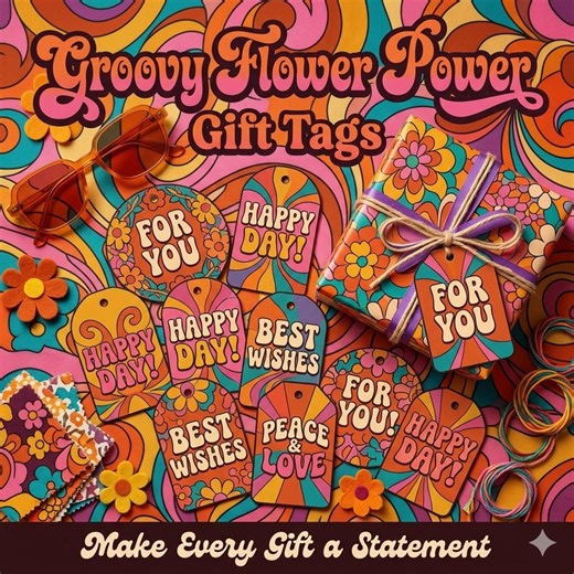 48 Groovy Birthday Gift Tags | 70s Retro Flower Power Tags | Vintage Hippie Birthday Labels | Psychedelic Stationery Kit