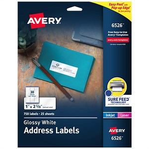 Avery Address Labels, Glossy White, 1" x 2-5/8", 750 Total (6526)