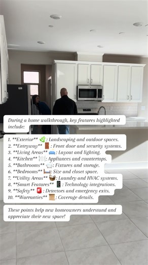 What happens at a NEW HOME client orientation? During a home walkthrough, key features highlighted include: 1. **Exterior** 🌿: Landscaping and outdoor spaces. 2. **Entryway** 🚪: Front door and security systems. 3. **Living Areas** 🛋️: Layout and lighting. 4. **Kitchen** 🍽️: Appliances and countertops. 5. **Bathrooms** 🛁: Fixtures and storage. 6. **Bedrooms** 🛏️: Size and closet space. 7. **Utility Areas** 🧺: Laundry and HVAC systems. 8. **Smart Features** 📱: Technology integrations. 9. *