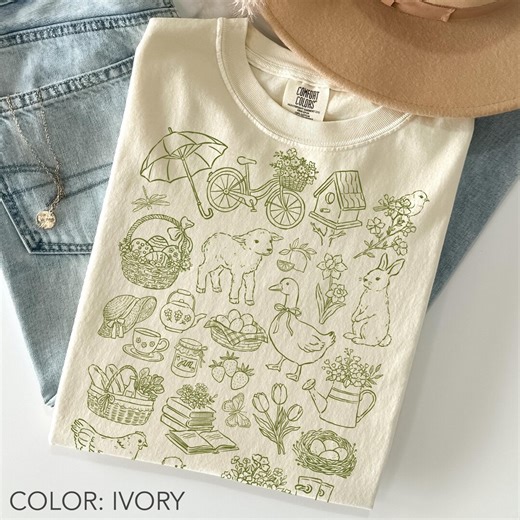 Spring Doodle Shirt Comfort Colors®, Cottagecore Shirt, Farm Animal Graphic Tee, Vintage Gardening Shirt, Floral Nature Shirt, Easter Gift - Etsy