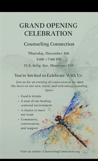 🎉 You’re Invited! 🎉 Join us for Counseling Connection’s Grand Opening Celebration – a night of community, connection, and new beginnings! 📍 35 S Selig Ave 📅 Thursday, December 4th ⏰ 5:00 – 7:00 PM ❄️ Come explore our welcoming space, meet our team, and discover how Counseling Connection can support you and those you care about. We’ve planned an evening full of energy, inspiration, and opportunities to connect. We can’t wait to celebrate with you — don’t miss this chance to be part of somethi