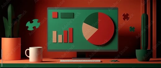 Desktop monitor displaying charts and graphs alongside potted plants and white mug