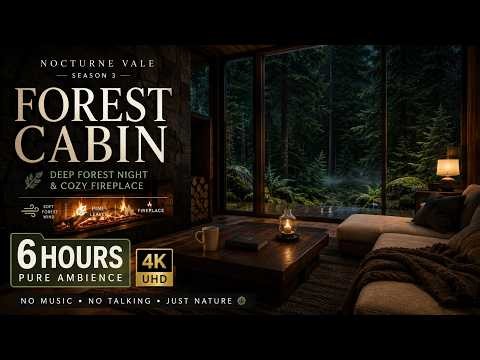 Forest Cabin at Night 🌲 Soft Forest Wind & Cozy Fireplace | 6 Hours, No Music, 4K