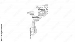 Mozambique shape words animation. Mozambique boundary filled with country names animated. Country opening, intro, presentation video.