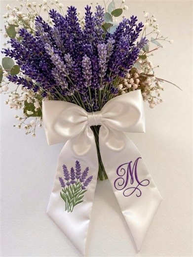 Custom Embroidered Lavender Bouquet Ribbon, Personalized Monogram Sash, Rustic Wedding Bouquet Wrap, Bridal Keepsake Gift Ribbon - Etsy