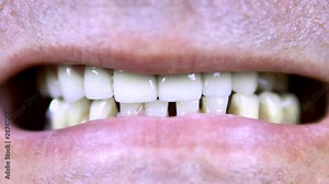 Old man shows teeth. The upper teeth are straight and the lower crooked. close-up