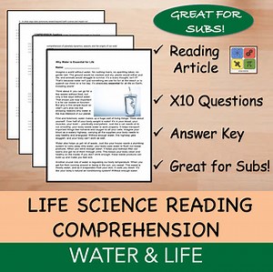 Water & Life - Middle School Science Reading Worksheets - 100% Editable