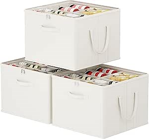 Lifewit Shoe Storage Organizer for Closet, Fabric Large Shoe Box Storage Containers with Clear Cover, Foldable Bins for Boots Heels Sneakers Fits 36-48 Pairs (Each 12-16 Pairs) 3 Pack White