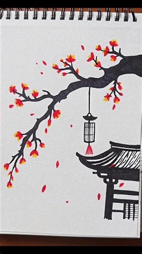 Japanese Temple With Cherry Blossom 🌸 #shorts #art #drawing
