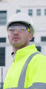 Outdoor, thinking and man with planning, engineer and solution with problem solving, project design and industry. Employee, architecture and person with ideas, decision and choice with development