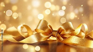Golden Bow of Celebration: A luxurious gold ribbon tied into a perfect bow, set against a shimmering backdrop of warm lights, symbolizing the joy and elegance of special occasions.