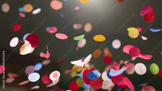 Erupting pile of colorful confetti rising on release from white sheet, forming rotating column