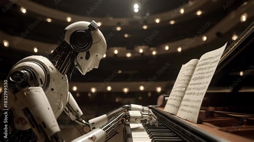 Advanced Robot Musician Playing a Grand Piano with Sheet Music on a Modern Concert Stage with Audience Seating