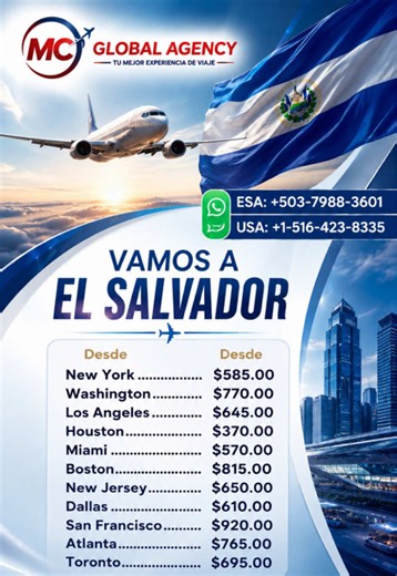 ✈️🇸🇻 ¡VIAJEMOS A EL SALVADOR con MC Global Agency! 🇸🇻✈️ Descubre las mejores tarifas aéreas saliendo desde diferentes ciudades de Estados Unidos hacia El Salvador 🌎🛫 Viaja con comodidad, seguridad y el respaldo de una agencia comprometida con brindarte la mejor experiencia de viaje 💼✨ 📍 Tarifas disponibles desde cualquier parte de USA y Canada y del resto del mundo, no importa cual sea tu destino o aerolinea favorita ✈️✈️✈️ ✅ Incluye: 🧳 Maleta de carga 🎒 Maleta de mano 👝 Artículo pers