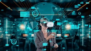 Woman searching coding programing for finance data world shape VR future global interface digital infographic network technology virtual hologram animation sliding at data center office. Contraption.
