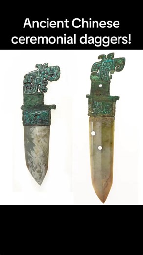 Ancient jade dagger-axes from China! These dagger-axes date back to the China's Shang dynasty (circa 16th to 11th century B.C.). The handles are made from bronze, and the hilt is inlaid with turquoise. The ornamental design of the dagger indicates that it was most likely used for ceremonial or ritualistic use. The daggers are currently held by the Minneapolis Institute of Art, but they are not on view at the moment. As recorded by the MIA, the daggers were recovered from the remains of elites. T