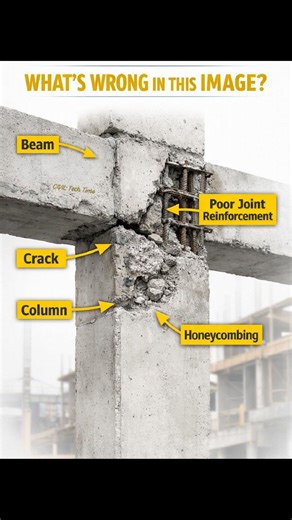 🏗️ What’s Wrong in This Image? 🤔 At first glance, the structure looks normal… but look carefully 👀 The beam-column joint shows visible cracking and honeycombing. This is one of the most critical structural zones in any RCC building. ⚠️ Beam-column joints transfer loads from slabs and beams down to the foundation. If this area fails, the entire structural stability is at risk. 💬 Tell us in the comments — What could be the possible reasons for this issue? Let’s test your site knowledge 👇 Stru