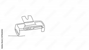 Animation of one single line drawing of digital printer for company business printing needs. Electricity small home office tools concept. Continuous line self draw animated. Full length motion.