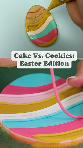 Yolanda Gampp | Cake Artist on Instagram: "EASTER CAKES VS.COOKIES 🍰🍪🐣📢 It's Team Cake Vs Team Cookie this week as I take on @sugarcatcookies and attempt to recreate her colorful, hand piped Easter egg cookies out of cake and fondant. These cakes may look simple at first glance but trust me, trying to make fondant do what royal icing does is enough to make anyone crack 😜 Comment 🐣 if you want to see the full process and I'll DM you the link!! Also, I'm curious, since we're now only 19 days