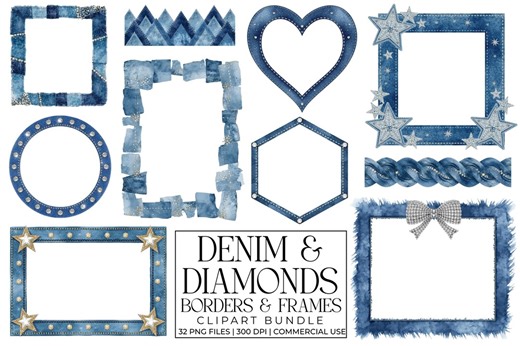 Denim & Diamonds Borders and Frames Clipart Bundle | Western Glam Frames | Rhinestone Jean Border Graphics | Country Cowgirl Scrapbook Pngs - Etsy