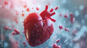 A detailed 3D representation of a human heart floats in a digital space with surrounding red blood cells and particles. The vibrant image captures medical and anatomical accuracy, emphasizing the Stock Video