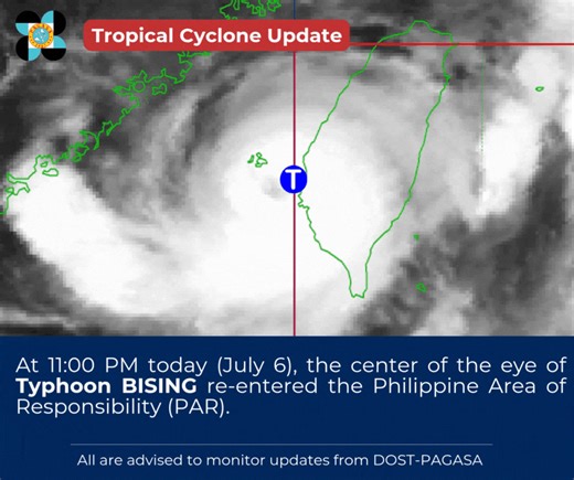 At 11:00 PM today (July 6), the center of the eye of Typhoon BISING re-entered the Philippine Area of Responsibility (PAR). All are advised to monitor updates from DOST-PAGASA. | DOST-PAGASA