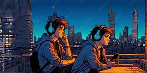 On a bustling city rooftop, a couple finds solace amidst the urban chaos, sharing headphones and swaying, 2D flat Japanese anime-style 4k lofi hip-hop bites landscape music background animation video