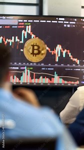 Analysis of the current state of the bitcoin market. Cryptocurrency growth charts, vertical video