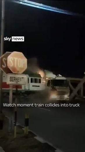 A train exploded after it collided with a truck that had broken down on the tracks in Indonesia. According to local media, one person was injured in the incident. 🔗 Click the link in bio to see more #indonesia #train #crash #collision | Sky News