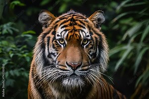 Intense portrait of a tiger looking directly at the camera, surrounded by lush green foliage, capturing its majestic and wild essence.