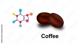 Animation of coffee, caffeine chemical structure alongside coffee beans, highlighting the relationship between caffeine and coffee as a source of energy and alertness, Chemical formula of caffeine