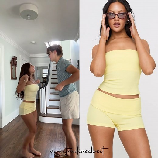 Demetra Dias Closet on Instagram: "demetra is wearing: - @princesspollyboutique “Baseline Strapless Rib Top Yellow” ($24) - @princesspollyboutique “Baseline Low Rise Rib Shorts Yellow” ($38)"