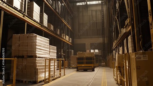Autonomous guided vehicle - agv - transporting stacks of cardboard boxes and pallets inside a large logistics center, showcasing modern inventory management and automated shipping
