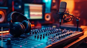 Interior of a music and podcast recording studio, headphones and a sound mixer on the table and a podcast microphone, enhanced details Stock Video