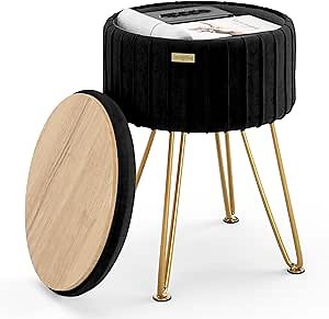 STORAGEBUD Round Ottoman with Storage, Pleated Velvet Storage Ottoman, Foot Stool Ottomans, Makeup Vanity Stool, Small Ottomans Foot Rest, Modern Vanity Stools for Living Room and Bedroom, Black