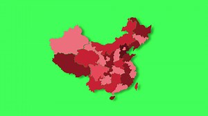 Politic map of China appears and disappears in red colors isolated on green screen or chroma key background. China map showing different divided states. State map.