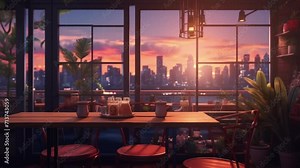 Lofi cozy vibes cafe background. seamless looping time-lapse virtual 4k video animation background. Generated with AI. Lofi desk window. Rain effect.