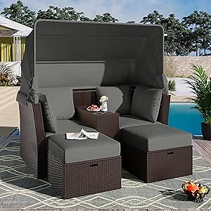 P PURLOVE Outdoor Loveseat Chaise Lounge with Canopy, 2-Seater Patio Double Daybed with Foldable Awning and Cushions, Outdoor Loveseat Sofa Set for Lawn, Garden, Backyard, Porch Pool (Grey)