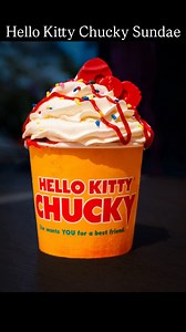 Hello Kitty Chucky Sundae at Halloween Horror Nights!🍓🤯 . . 🎃This was 1 of the best, & cutest desserts I tried with @molly_mcawesome_ at Universal Hollywood’s HHN this year . . 🙅‍♀️Universal Orlando’s HHN34 did not get this sweet treat . . 🍨Hello Kitty Strawberry Cheesecake Sundae: Strawberry swirled vanilla soft-serve, topped with Cheesecake pieces, Whipped Cream, Sprinkles, Strawberry Sauce & a chocolate bow . . 😋This was bomb! I was very skeptical beforehand, but I really loved the chee