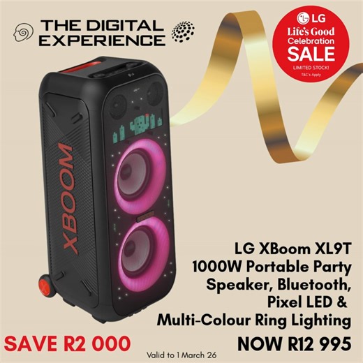 🎉 LG Life’s Good Sale – Soundbars & Xboom Partyboxes! 🎉 Powerful home cinema sound and party-ready bass on LG Soundbars & Xboom Partyboxes 🔥 ✨ Cinematic audio at home. Big beats for every celebration. 🗓️ Valid until 1 March 2026 📦 Limited stocks – don’t miss out! Shop in store or online https://bit.ly/4syeOr3 Best Brands. Best Price. Best Advice. Free Delivery within 50km from Fourways. Nationwide delivery available. 🛒See our full product range at www.digitalexperience.co.za The Digital Ex
