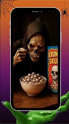 Cereal Eating Reaper Animated Halloween Phone Wallpaper Spooky Live Background for Android & iphone