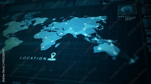 Data visualization interface with world map and location, graphs, and analytics indicators in blue digital tone, World map data analysis technology interface display,