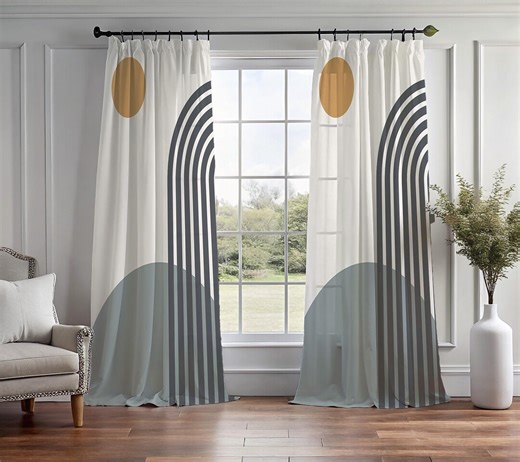 Mid Century Modern Arch Window Treatment, Abstract Geometric Sun Panel, Boho Minimalist Living Room Style Curtain,neutral Home Decor Curtain - Etsy
