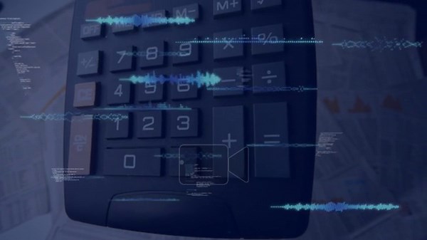 On play, calculator lifting and rotating while HUD waves sliding over keys, visualizing live data. Keypad, desk, office, charts, documents, futuristic, overlay Stock Video Footage - Alamy