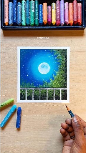 🌕🎨Easy Oil Pastel Drawing: Glowing Full Moon & Night Sky #painting #shorts