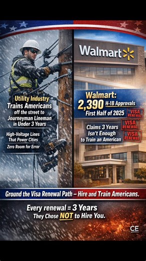Ground the Visa Renewal PathIf the utility industry can take someone off the street with zero experience and train them to become a journeyman lineman in under three years, climbing poles in all weather, handling high-voltage lines that power entire cities, making split-second calls that keep the grid from going dark...then Walmart, with 2,390 H-1B approvals in just the first half of 2025, can train an American for a supply-chain, data, or tech role in that same time.Visa extensions are unnecess