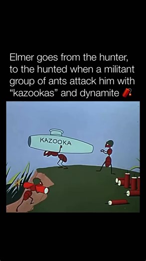 Explaining Cartoons on Instagram: "Follow me👉@explainingcartoons In All This and Rabbit Stew (1941), Elmer Fudd’s long hunt finally collapses into chaos when he becomes the target instead of the hunter. After spending the short stalking Bugs Bunny with exaggerated seriousness, Elmer suddenly finds himself surrounded by ants that behave like a perfectly disciplined military unit. They march in formation, communicate with sharp efficiency, and roll out tiny heavy weapons as if they’re staging a f